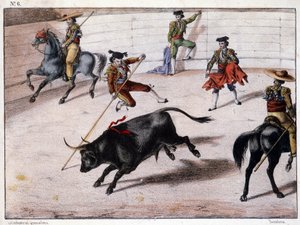 Saut de perche, corrida en Espagne, lithographie espagnole, sd. 19e siècle - Spanish School