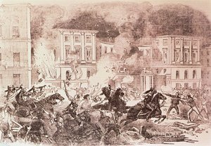 Soulèvements populistes à Madrid, les émeutiers tentent de mettre le feu au palais de la reine Maria Christina en 1854 - Spanish School