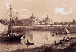 Séville, Palais de San Telmo sur la rive du fleuve Guadalquivir. Andalousie, Espagne (19ème siècle). Madrid, Bibliothèque nationale. - Spanish School