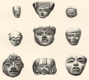 Têtes et masques en pierre trouvés à Teotihuacan, Mexique par Désiré Charnay lors de son expédition en 1880-1883 - Spanish School