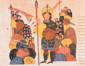 La Défaite de Goliath, de la Bible wisigothique-mozarabe de Saint Isidore, fol.118v., A.D. 960 - Spanish School