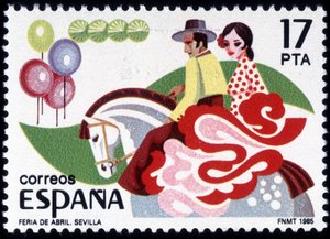 La Feria de Séville : couple en costume folklorique à cheval - Timbre espagnol - Spanish School