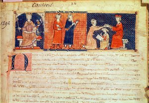 Le seigneur féodal prêchant son sermon devant le roi de Majorque, Jacques Ier (1207-76) du Capbreu de Clayra et de Millas, 1292 - Spanish School