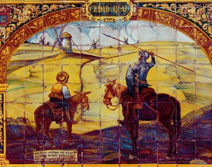 Carreaux représentant Don Quichotte et Sancho Panza se préparant à attaquer les moulins à vent