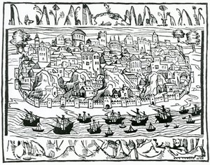 Vue de Lisbonne du Libro de Grandezas y cosas Memoralder de Espana par Pedro Medina, 1548 - Spanish School