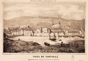 Vue de la ville de Tortosa en Espagne, dans "Historia de Cabrera y de la Guerra Civil" par Damaso Calbo y Rochina de Castro - Spanish School
