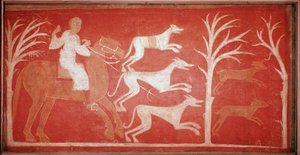 Scène de chasse représentant des chiens courant après du gibier. 1150. Fresque de l