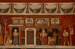Peinture murale représentant une maison singhalaise dans le temple Subdharama, Dehiwala