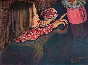 Fille regardant un vase de fleurs, 1902