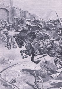 Les 16e lanciers et les cavaliers de Skinner repoussant les Jats à Bharatpur, décembre 1825 (illustration de British Battles on Land and Sea) - Stanley L. Wood
