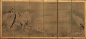 Grues et chrysanthèmes, période Momoyama ou Edo, 1568-1868 - Sôtatsu