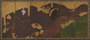 Vignes de lierre, ponts et éventails flottants, période Momoyama ou Edo, début du XVIIe siècle - Sôtatsu