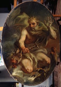 Neptune avec une couronne et un trident représenté avec des monstres marins