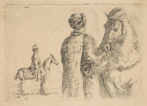 Un palefrenier polonais, de dos, tenant un cheval par la bride, vers 1662