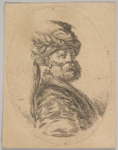 Un homme turc avec une barbe et un turban avec une longue plume devant, tourné trois quarts..., 1650