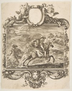 Un cavalier et une dame à cheval, dans une bordure ornée de fruits, vers 1655