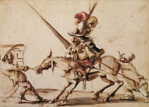 Un nain vaillant sur une mule rétive tirée vers un tournoi par deux autres nains - Stefano della Bella