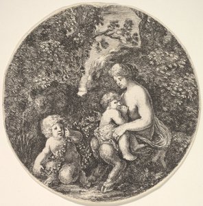 Une satyre allaitant un enfant à droite, tournée vers la gauche, un enfant satyre... - Stefano della Bella