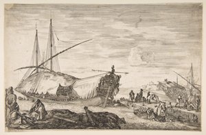 Une galère couverte de voiles à gauche, six canons et quatre personnes au premier plan à gauche, 1655