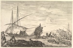Une galère couverte de voiles à gauche, six canons et quatre personnes au premier plan - Stefano della Bella