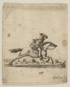 Un cavalier avec une épée à la main galopant vers la droite, d