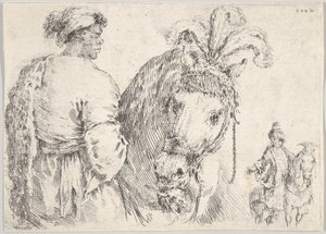 Un homme à gauche de profil donnant une poignée de foin à un cheval au centre, un cavalier à t..., vers 1662