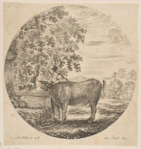 Une paysanne avec une vache à une fontaine décorée des armes des Médicis - Stefano della Bella