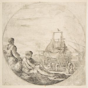 Un marin blanc assis et un marin noir debout, des gens construisant un navire en arrière-plan - Stefano della Bella