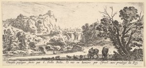 Une cascade descendant des montagnes en arrière-plan, divers animaux..., vers 1641 - Stefano della Bella