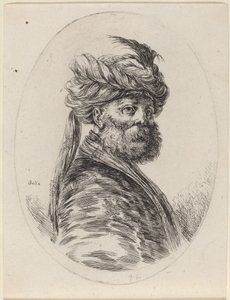Maure barbu en turban à plumes avec un voile, tourné vers la droite, 1649-1650 - Stefano della Bella