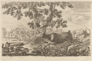 Cerf chassé par un chien à droite - Stefano della Bella
