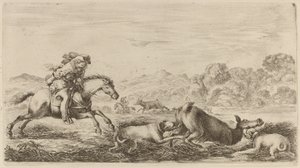 Biche dans un marais attaquée par deux chiens - Stefano della Bella