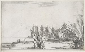 Trois hommes parlant sur le quai (Représentations maritimes, Suite de huit marines) - Stefano della Bella