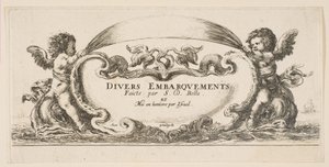 Frontispice : cartouche au centre, putti de chaque côté chevauchant des dauphins, vers 1646-1647 - Stefano della Bella