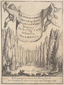 Frontispice pour La Forêt de Cyprès La selva di cipressi: deux putti tiennent une tapisserie, 1640 - Stefano della Bella