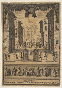 Frontispice pour la comédie Les Bouffons Li Buffoni, un décor sur scène ressemblant à un p..., vers 1639 - Stefano della Bella
