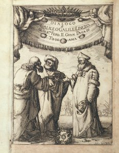 Galilée (à gauche) conversant avec Ptolémée (au centre) et Copernic, frontispice illustré du Dialogo sopra i due Massimi Sistemi del Mondo, Tolemaico e Copernicano