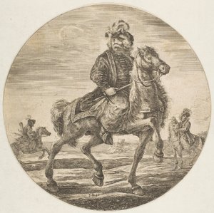 Cavalier hongrois chevauchant vers la droite, autres cavaliers en arrière-plan, un cirque, vers 1651
