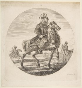 Cavalier hongrois chevauchant vers la droite, autres cavaliers en arrière-plan, ca. 1651 - Stefano della Bella
