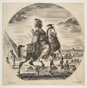 Cavalier Maure de profil face à droite, en arrière-plan une pyramide à gauche - Stefano della Bella
