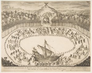 Char de parade en forme de navire, armoiries du Grand-Duc de Modène en haut, 1652 - Stefano della Bella