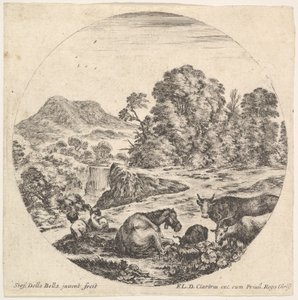 Planche 10 : un cheval couché au centre, une vache et deux chèvres à droite, deux assis..., vers 1643-48 - Stefano della Bella