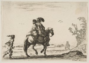 Cavalier et femme vus de dos, chevauchant vers la droite avec un jeune - Stefano della Bella