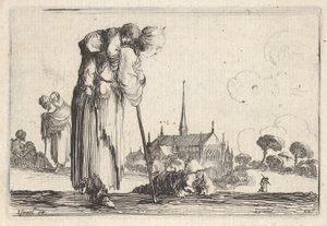 Planche 10: une paysanne tournée vers la droite avec un enfant sur son dos, un garçon allongé - Stefano della Bella