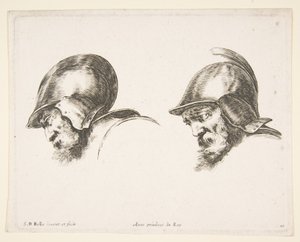 Deux têtes de vieux soldats portant des casques, tous deux regardant vers la gauche - Stefano della Bella
