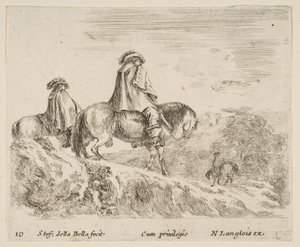 Planche 10: deux cavaliers descendant une montagne à gauche, un autre cavalier à droite dans..., vers 1644-47