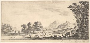 Planche 11: bergère assise à droite sous un arbre, regardant son troupeau à gauche, vers 1641 - Stefano della Bella