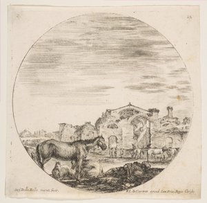 Planche 12 : un berger dormant sur le sol à droite, trois chevaux à gauche, autres chevaux - Stefano della Bella