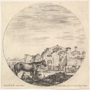 Planche 12 : un berger dormant sur le sol à droite, trois chevaux à gauche, autres h..., ca. 1643-48 - Stefano della Bella