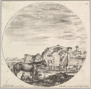Planche 12 : un berger dormant sur le sol à droite, trois chevaux à gauche, autres..., vers 1643-48 - Stefano della Bella